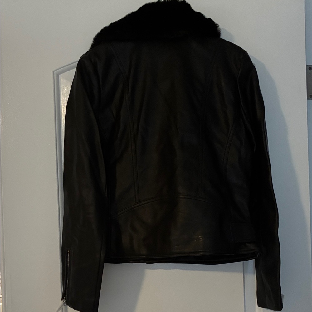 Black Faux Leather Moto Jacket with Fur Collar - Picture 3 of 4
